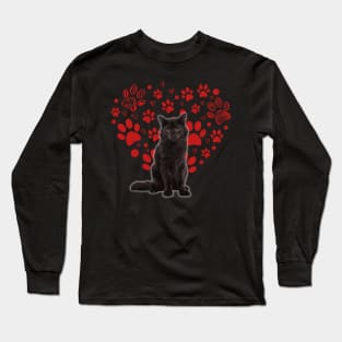 Valentines Day Cat Lover Heart Paw Shirt Gift Long Sleeve T-Shirt